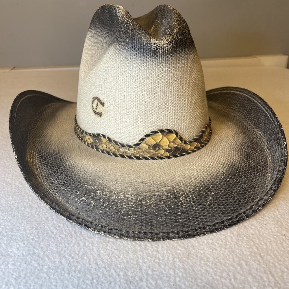 Charlie 1 Horse Custom Hat 7 1/4 Detailed Bordered Snake Skin Branded And Burnt